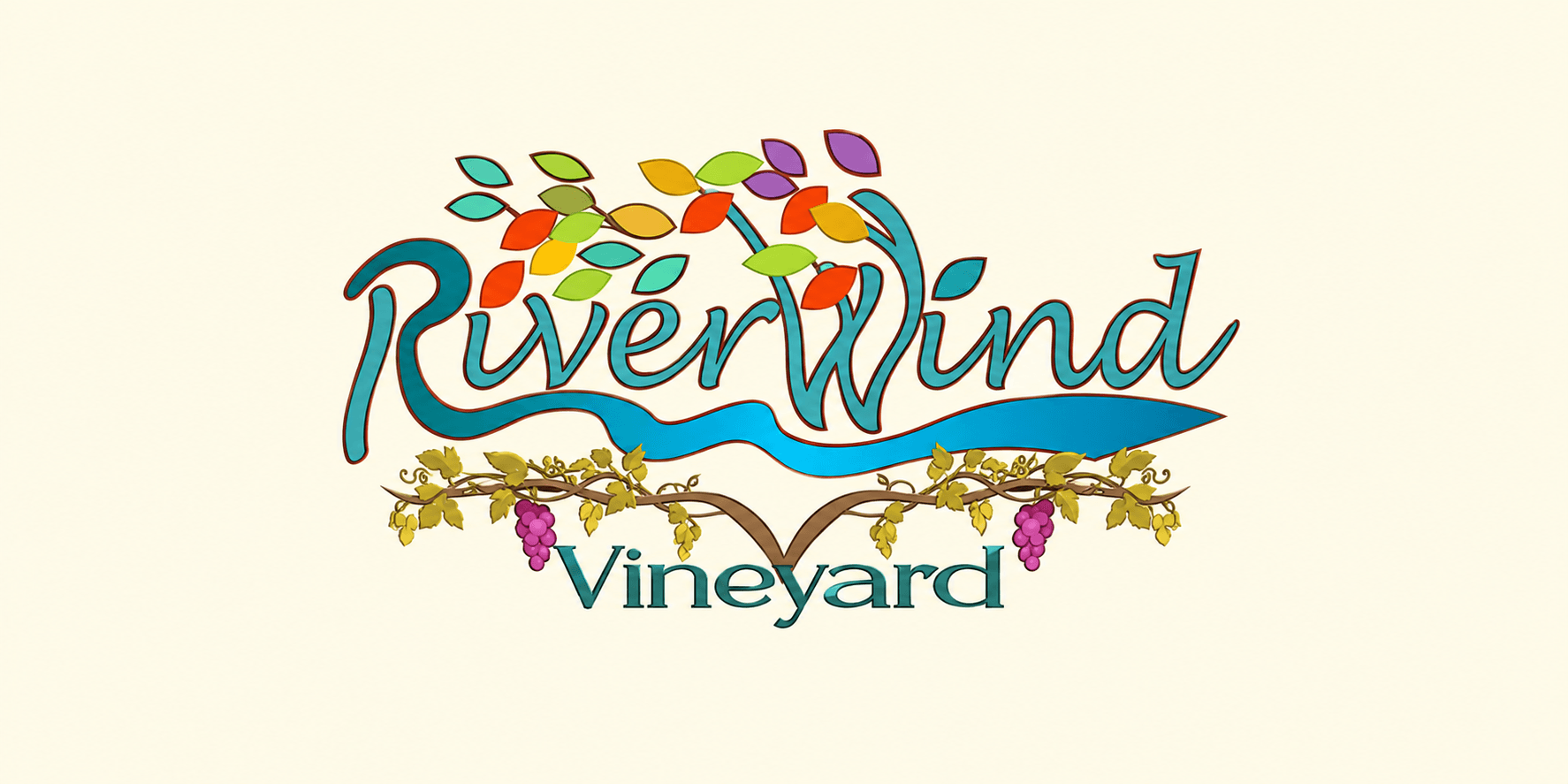 Colorful logo for River Wind Vineyard featuring stylized text and grapevine elements
