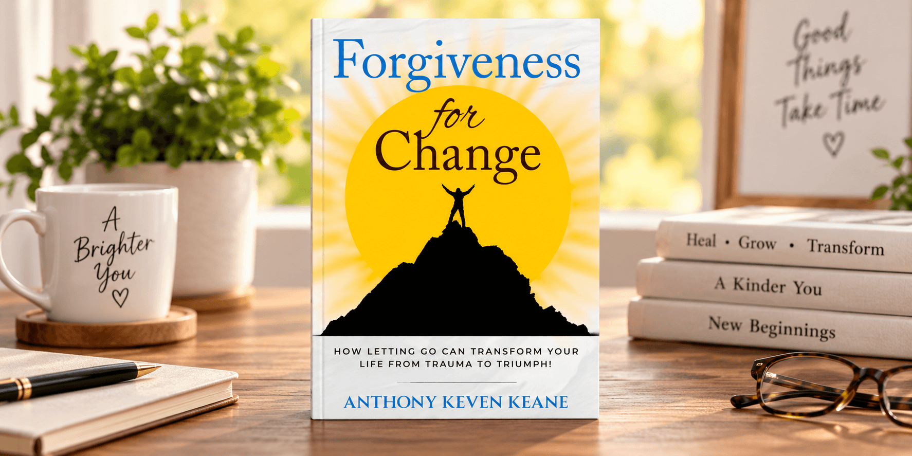 Book cover titled "Forgiveness for Change" with a mountain silhouette against a yellow sun