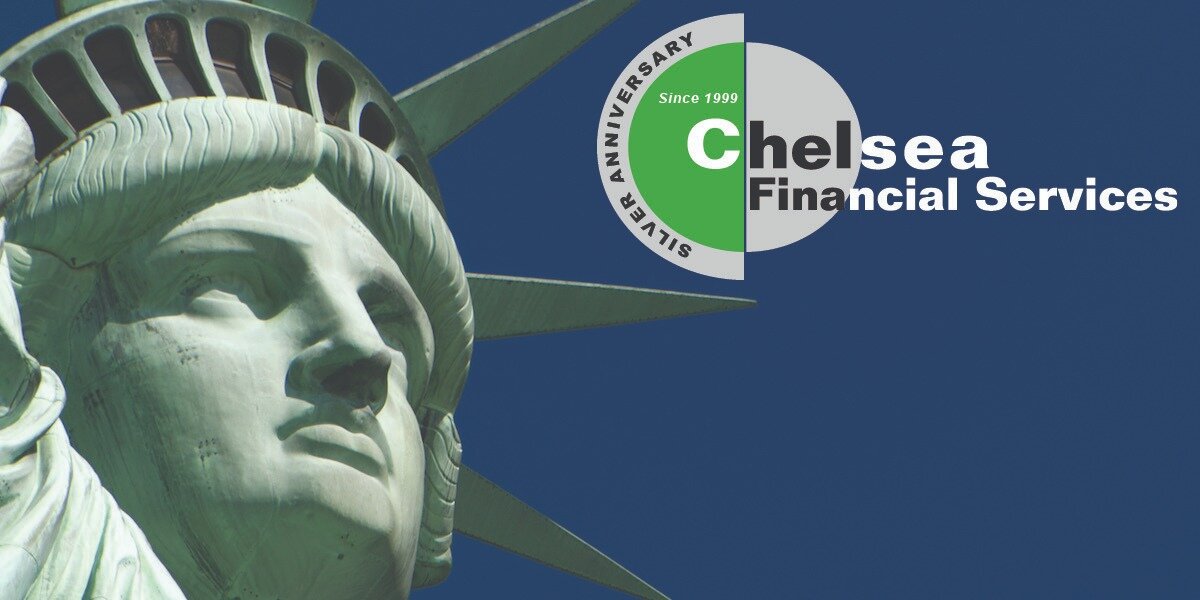 Close-up of the Statue of Liberty against a blue sky, with a green and silver anniversary logo of "Chelsea Financial Services" on the right.