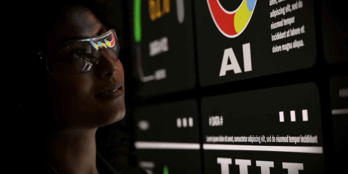 Person wearing smart glasses viewing AI interface displayed across multiple digital screens.