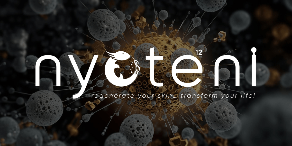 Nyoteni exosome night cream logo with cellular imagery; promotes skin regeneration and anti-aging benefits during sleep.