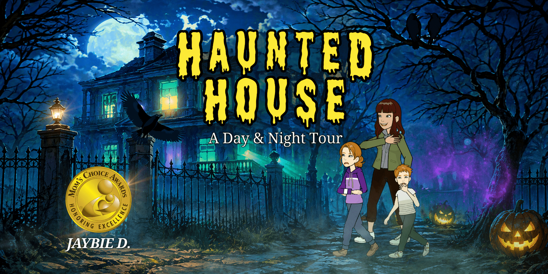 **Cover illustration for *Haunted House: A Day & Night Tour* featuring a spooky mansion, children, and Halloween elements.**