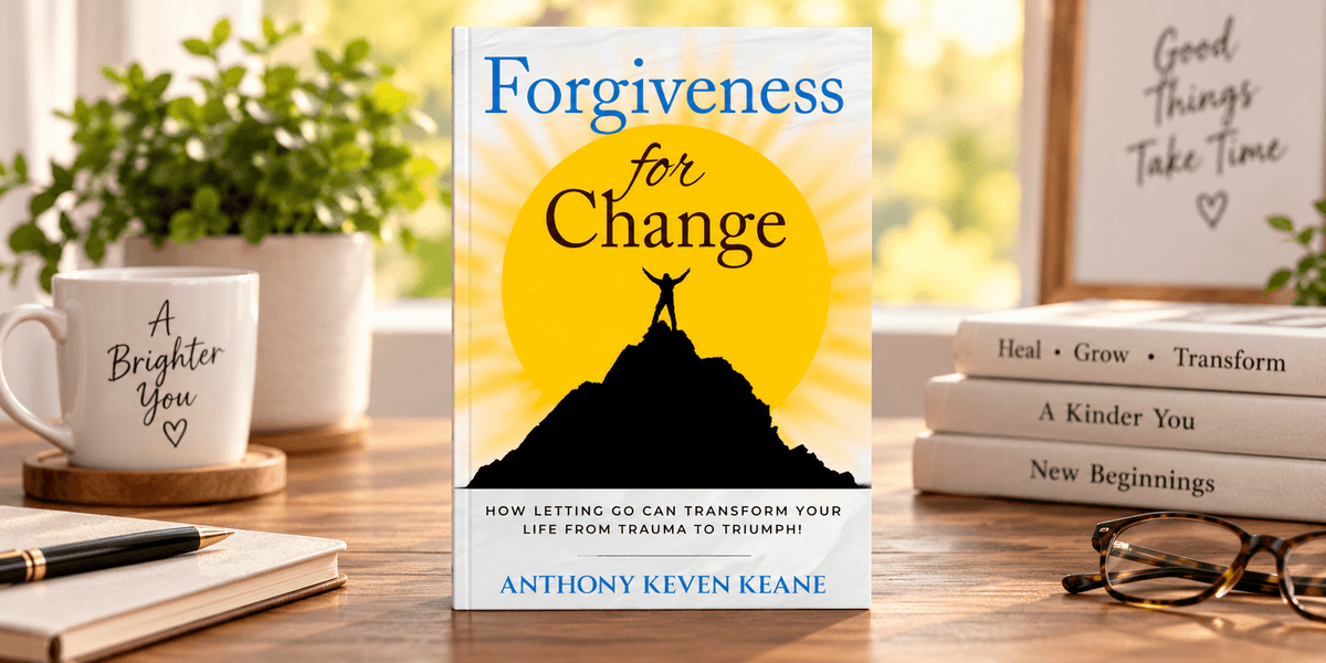 Book cover titled "Forgiveness for Change" with a mountain silhouette against a yellow sun