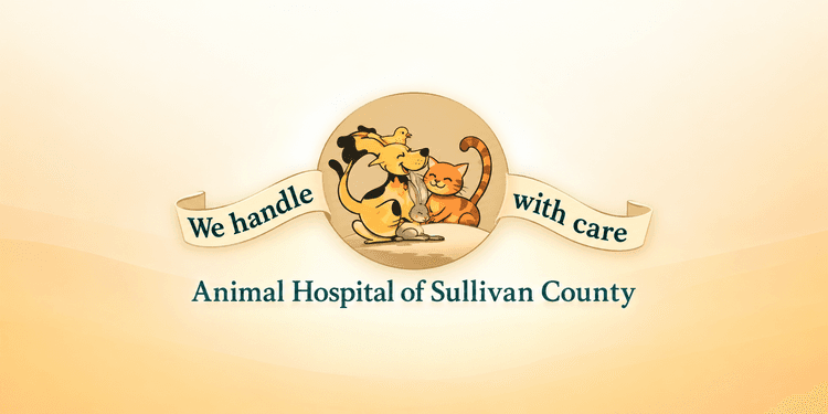 Logo of Animal Hospital of Sullivan County featuring a dog and cat with a banner