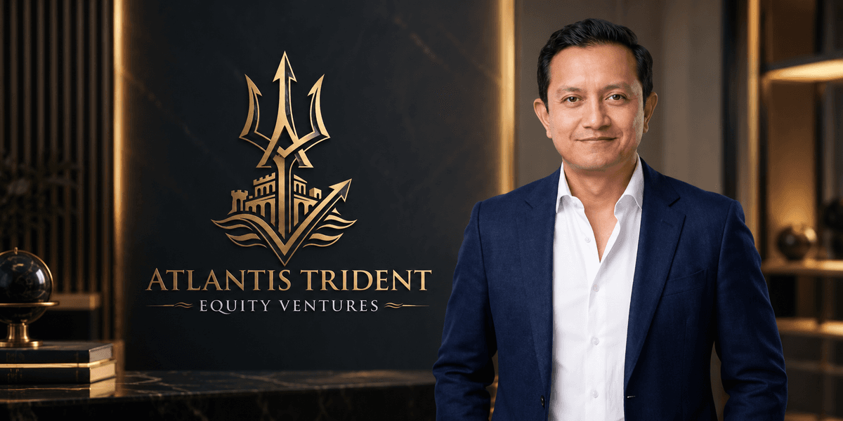 Man in a suit stands beside a logo for Atlantis Trident Equity Ventures