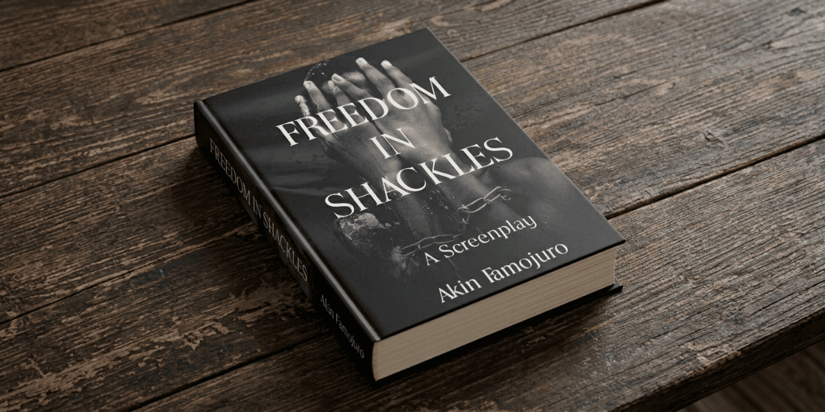 A screenplay titled "Freedom in Shackles" resting on a wooden surface.