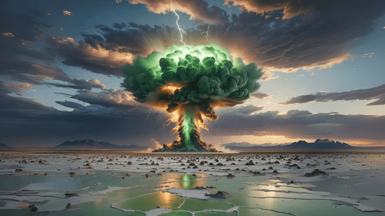 Apocalyptic nuclear explosion in a desolate landscape, symbolizing chaos and destruction in a thrilling sci-fi horror novel.