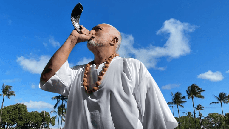 Apostle Nightingdale blowing the shofar, symbolizing spiritual awakening and leadership in the Army of the Lord.