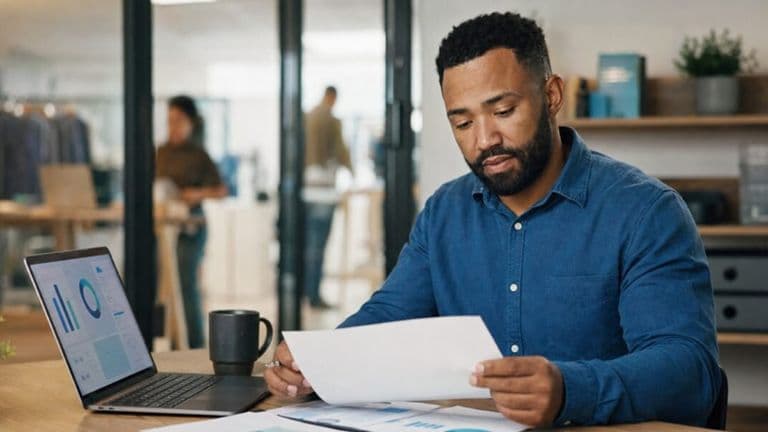 Business owner reviewing financial documents beside a laptop displaying charts, illustrating retirement planning and small business compliance.
