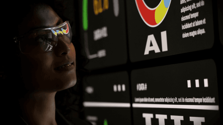 Person wearing smart glasses viewing AI interface displayed across multiple digital screens.