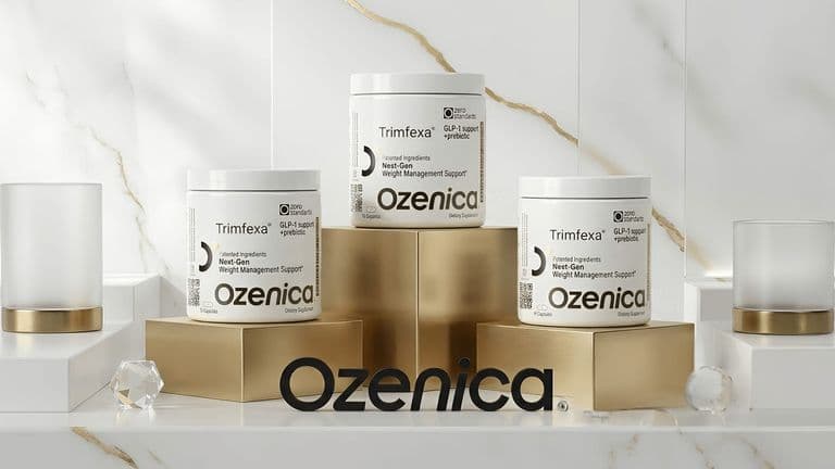 Three Ozenica wellness supplement containers displayed on elegant gold platforms in a modern luxury setting.