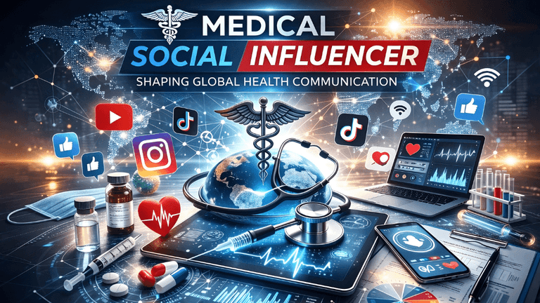 Digital physicians influencing global health, surrounded by social media icons and a world map.