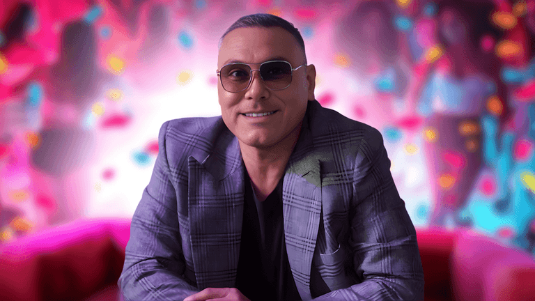 Dylan Garcia in sunglasses and plaid jacket, smiling against a colorful party-themed background promoting his new dance singles.