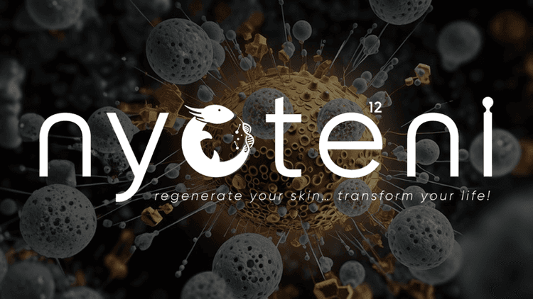 Nyoteni exosome night cream logo with cellular imagery; promotes skin regeneration and anti-aging benefits during sleep.