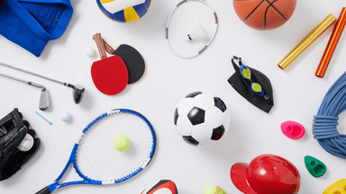 Assorted sports equipment including soccer ball, tennis racket, basketball, baseball glove, and swimming goggles on a white background.