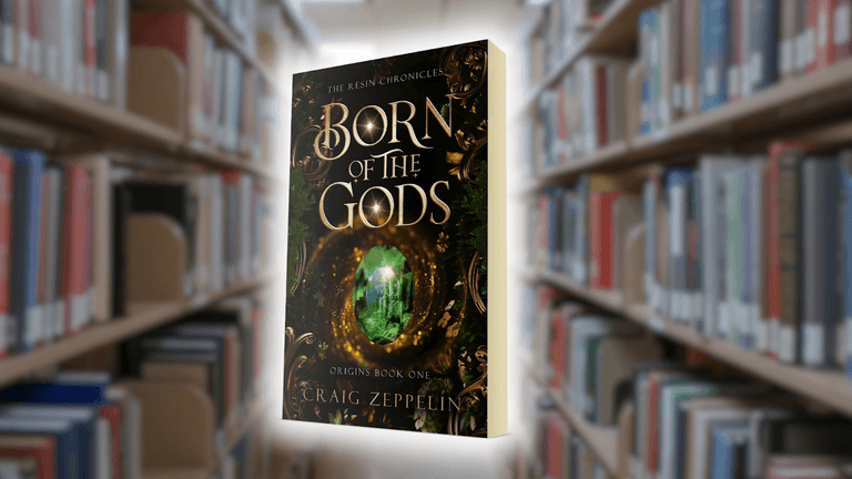 "Book cover of Born of the Gods from The Resin Chronicles by Craig Zeppelin, featuring a glowing green gemstone with intricate golden detailing, set against a blurred library background, symbolizing a fantasy adventure."
