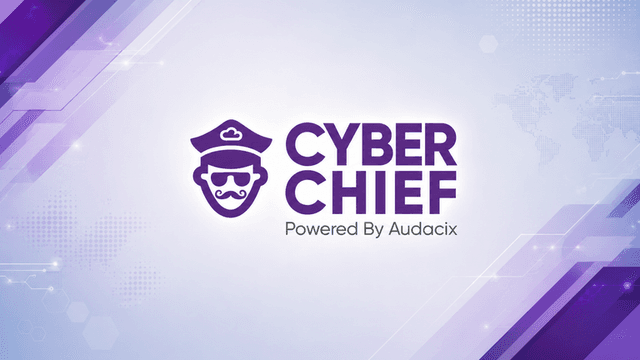 Logo of Cyber Chief powered by Audacix with a modern tech-themed background