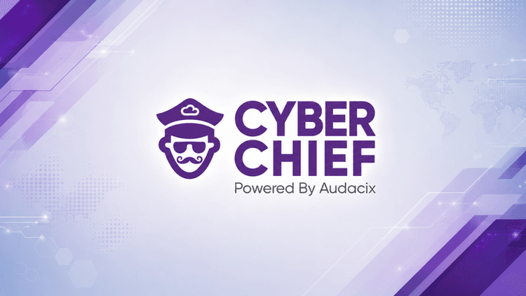 Logo of Cyber Chief powered by Audacix with a modern tech-themed background