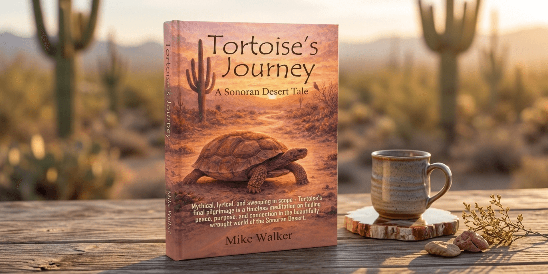 A book titled "Tortoise's Journey" rests on a wooden table with a cup.