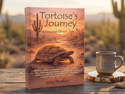 A book titled "Tortoise's Journey" rests on a wooden table with a cup.