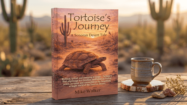 A book titled "Tortoise's Journey" rests on a wooden table with a cup.