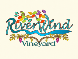 Colorful logo for River Wind Vineyard featuring stylized text and grapevine elements