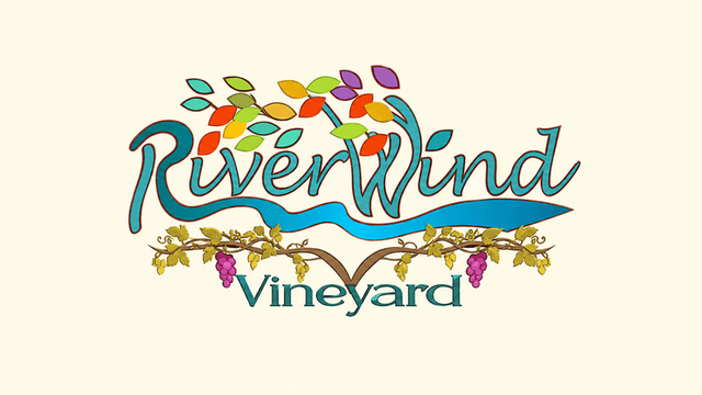 Colorful logo for River Wind Vineyard featuring stylized text and grapevine elements