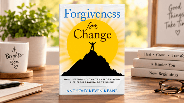 Book cover titled "Forgiveness for Change" with a mountain silhouette against a yellow sun