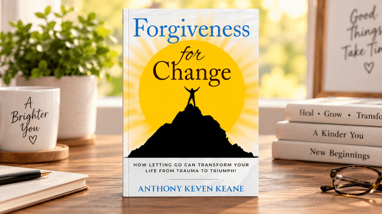 Book cover titled "Forgiveness for Change" with a mountain silhouette against a yellow sun