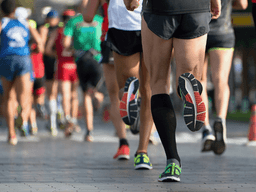 Runners participate in a race on a paved pathway lined with trees