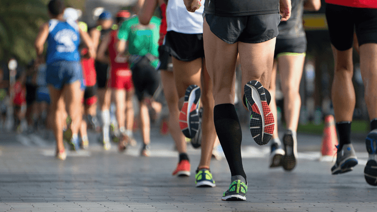 Runners participate in a race on a paved pathway lined with trees