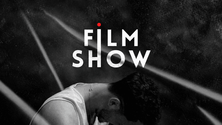 A dramatic black and white image featuring the words "FILM SHOW" over a silhouette.