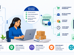 Illustration of a data entry professional working with inventory and customer data solutions