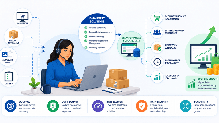 Illustration of a data entry professional working with inventory and customer data solutions