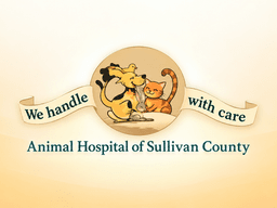 Logo of Animal Hospital of Sullivan County featuring a dog and cat with a banner