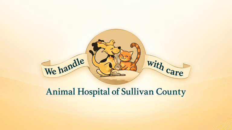 Logo of Animal Hospital of Sullivan County featuring a dog and cat with a banner