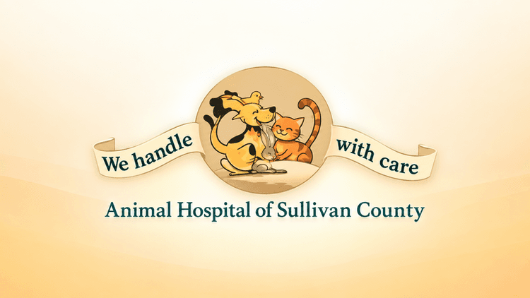 Logo of Animal Hospital of Sullivan County featuring a dog and cat with a banner
