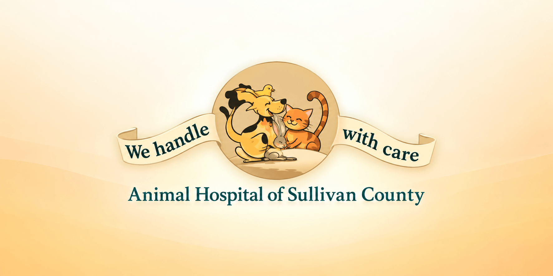 Logo of Animal Hospital of Sullivan County featuring a dog and cat with a banner