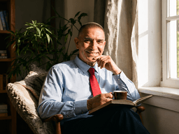 Smiling man in a blue shirt holding a book and coffee, sitting by a window