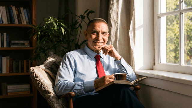 Smiling man in a blue shirt holding a book and coffee, sitting by a window