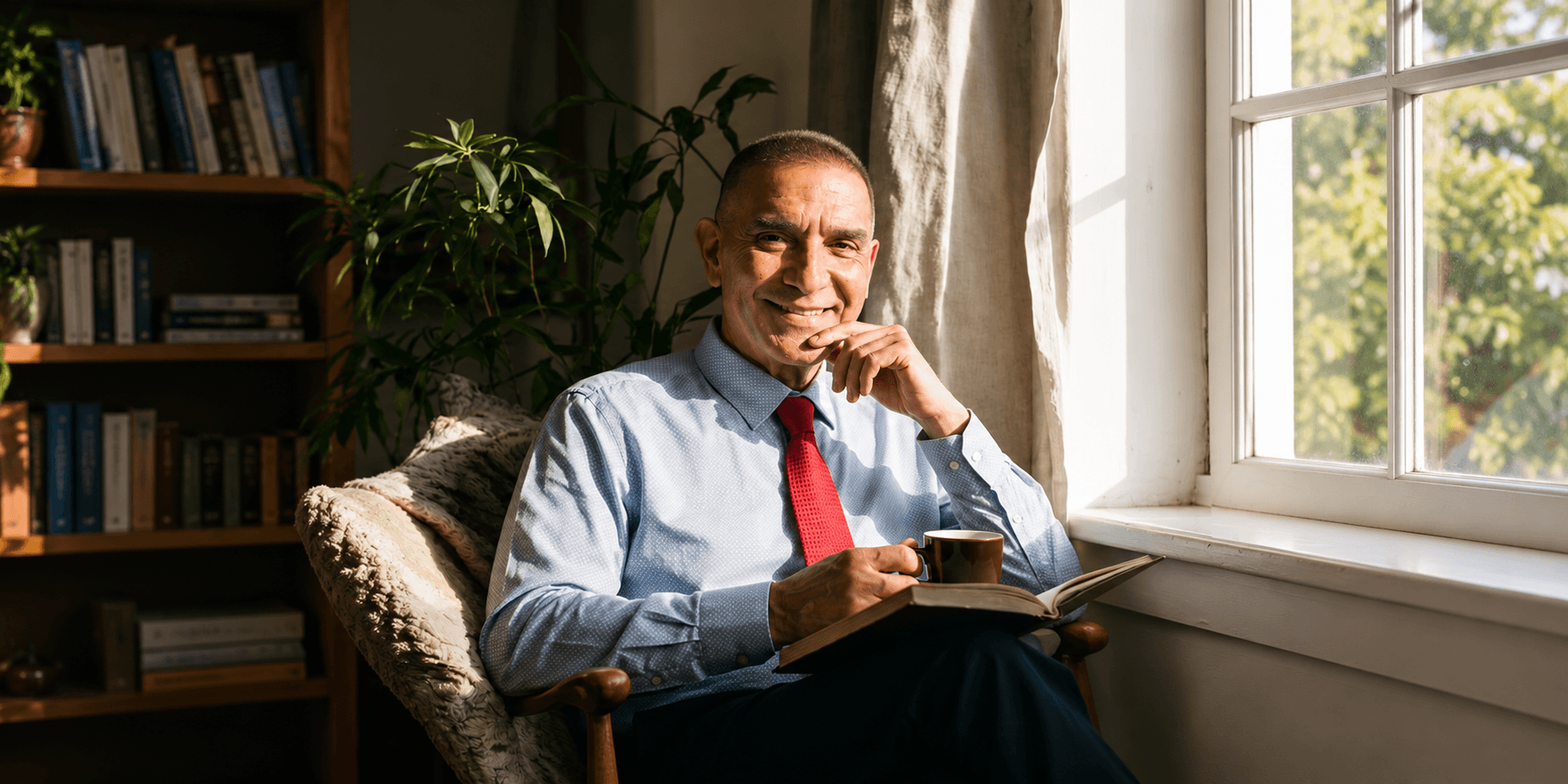 Smiling man in a blue shirt holding a book and coffee, sitting by a window