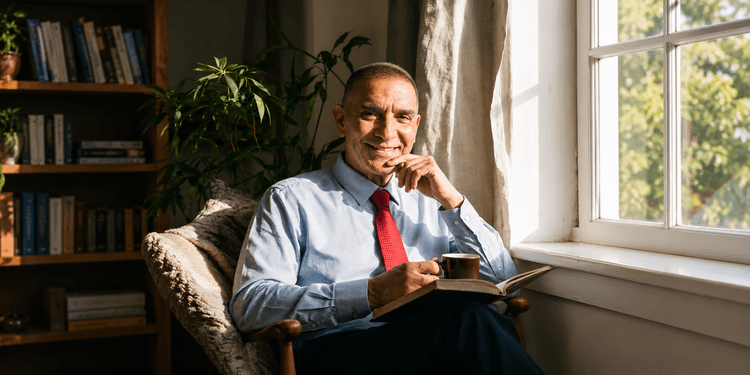 Smiling man in a blue shirt holding a book and coffee, sitting by a window