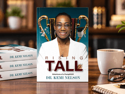 A book titled "Rising Tall" by Dr. Kemi Nelson displayed among coffee and glasses.