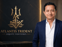 Man in a suit stands beside a logo for Atlantis Trident Equity Ventures
