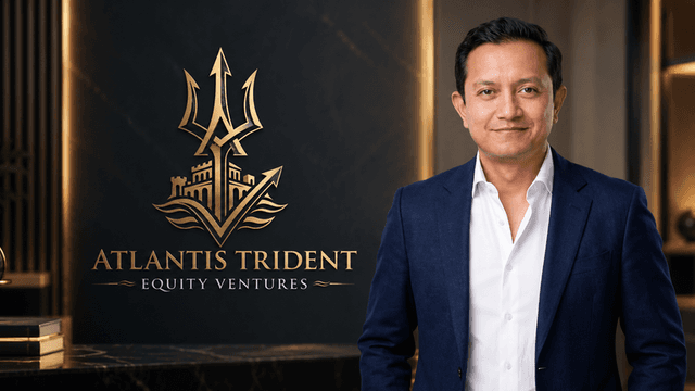 Man in a suit stands beside a logo for Atlantis Trident Equity Ventures