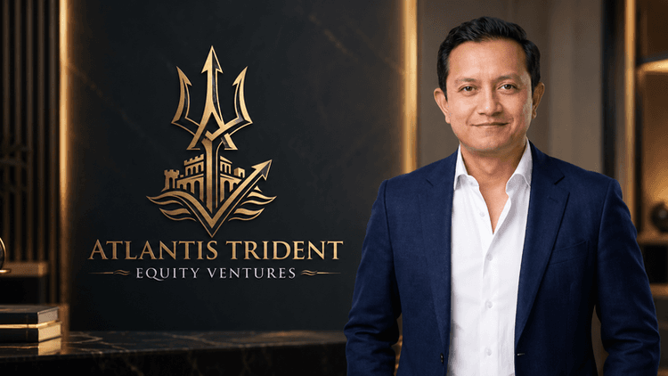 Man in a suit stands beside a logo for Atlantis Trident Equity Ventures