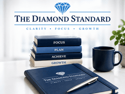 Desk displaying notebooks, a mug, and a plant with "The Diamond Standard" branding