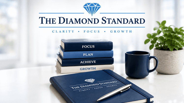 Desk displaying notebooks, a mug, and a plant with "The Diamond Standard" branding