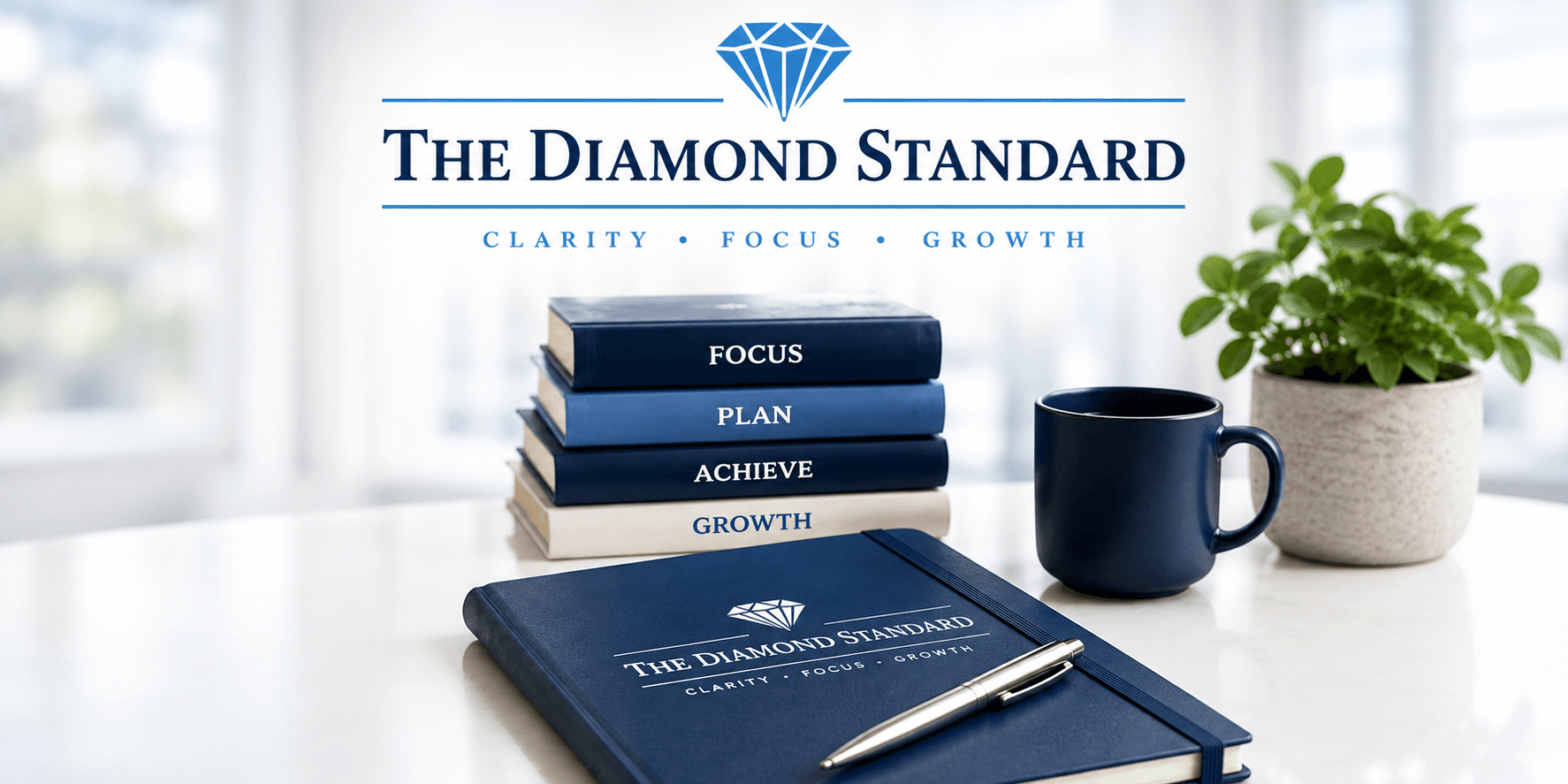 Desk displaying notebooks, a mug, and a plant with "The Diamond Standard" branding