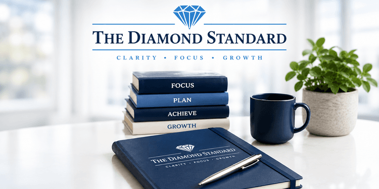 Desk displaying notebooks, a mug, and a plant with "The Diamond Standard" branding